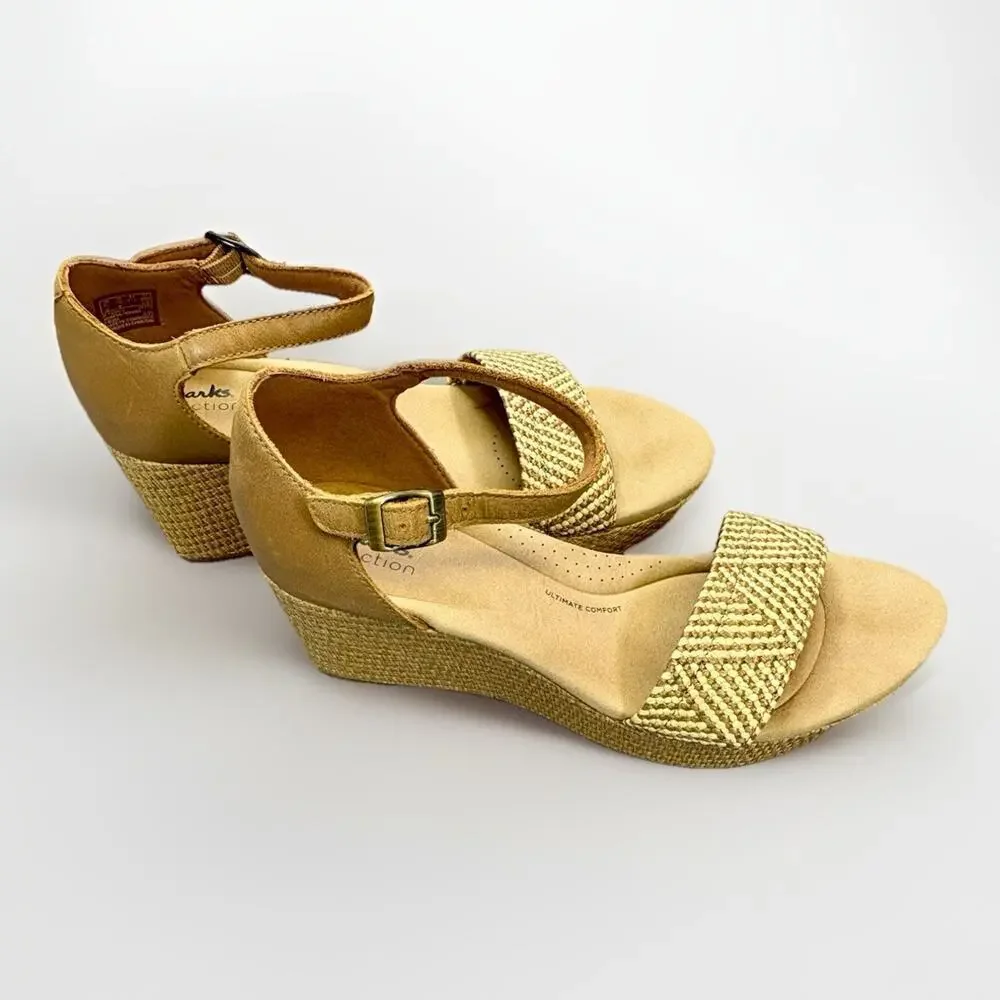 Clark’s Collection Women’s Wedge Sandal Woven Toe Strap, Ankle Buckle Size 10